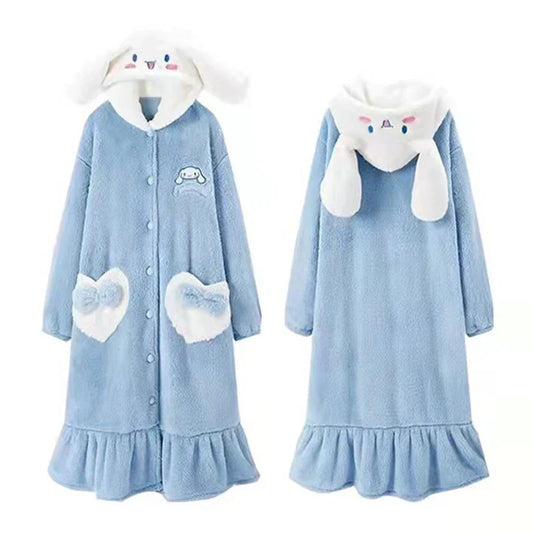 Kawaii Winter Pajamas Thick Plush for Women Flannel Long Sleeve Cute Cartoon Nightdress Embroidery Long-eared Dog Nightgown Robe ShopOnlyDeal