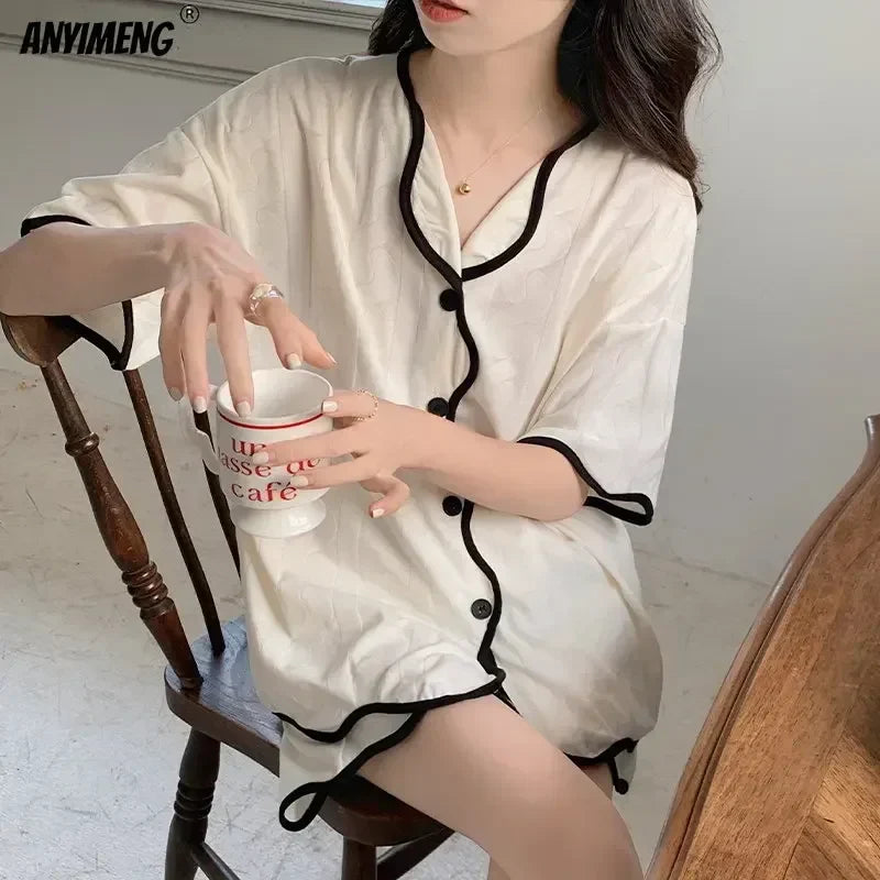 Korean Pajamas Set for Women | Summer Loungewear Sleepwear | Girls Sweet Lapel Pyjama | Kawaii Bear Printed Pijamas | Japanese Home Suit ShopOnlyDeal