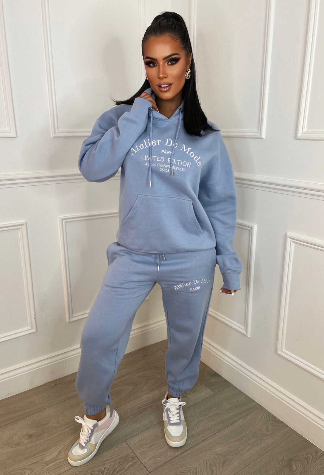 Ltd Edition Blue Embroidered Hooded Two Piece Loungewear Set