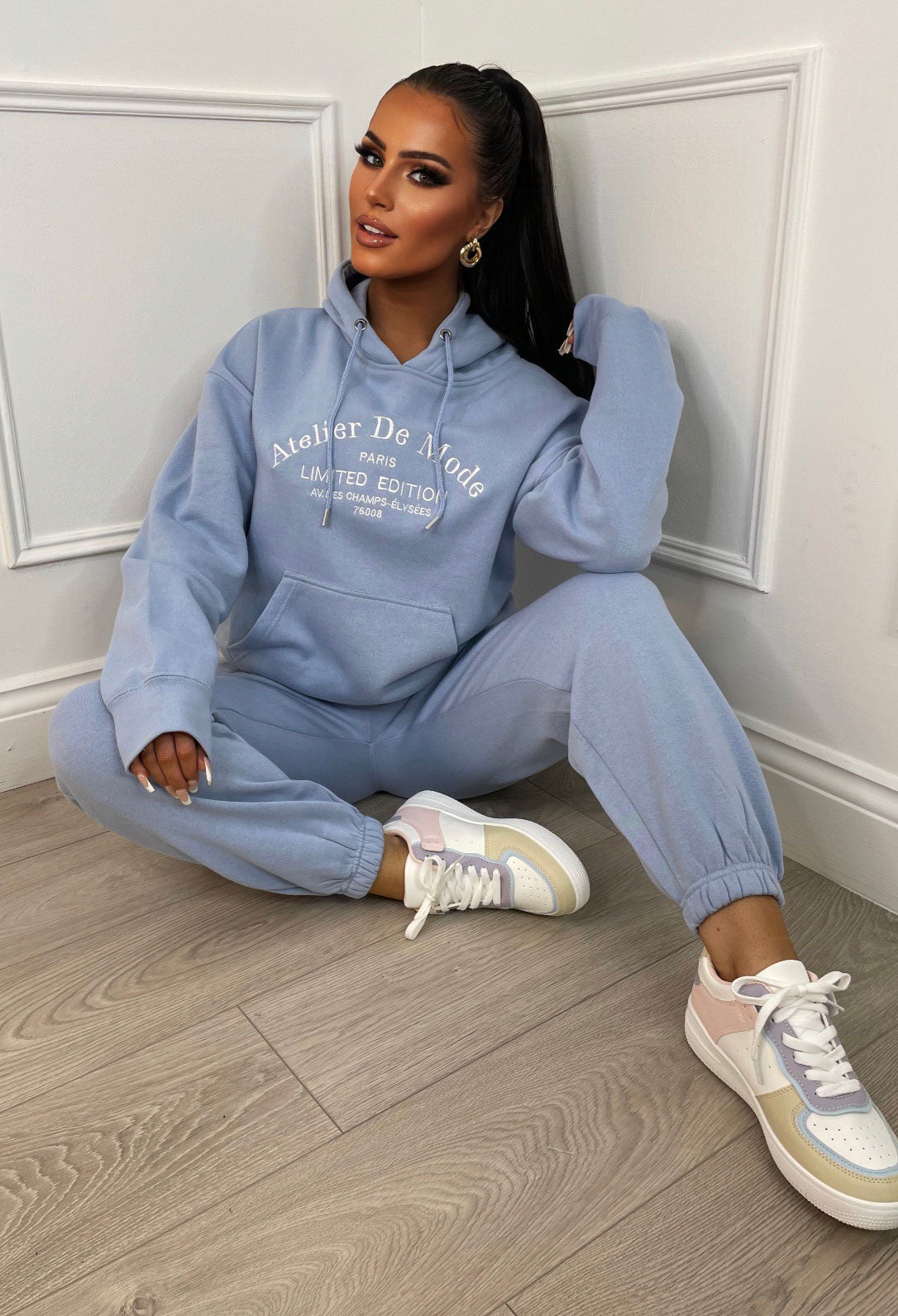 Ltd Edition Blue Embroidered Hooded Two Piece Loungewear Set