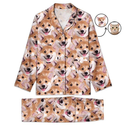 Custom Photo Dog Cat Faces - Gift For Pet Lovers, Dog Mom, Dog Dad, Cat Mom, Cat Dad - Personalized Long Pajamas Set