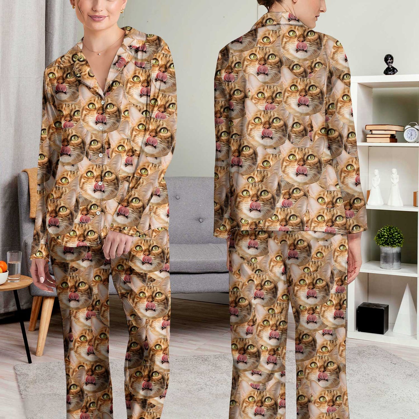 Custom Photo Dog Cat Faces - Gift For Pet Lovers, Dog Mom, Dog Dad, Cat Mom, Cat Dad - Personalized Long Pajamas Set