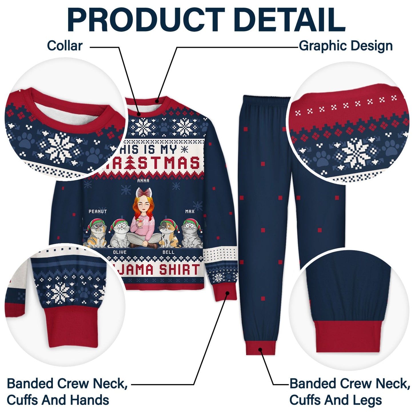 Cat Christmas Pawjama Shirt Cartoon Style - Gift For Cat Lovers, Cat Moms, Cat Dads - Personalized Unisex Pajamas Set