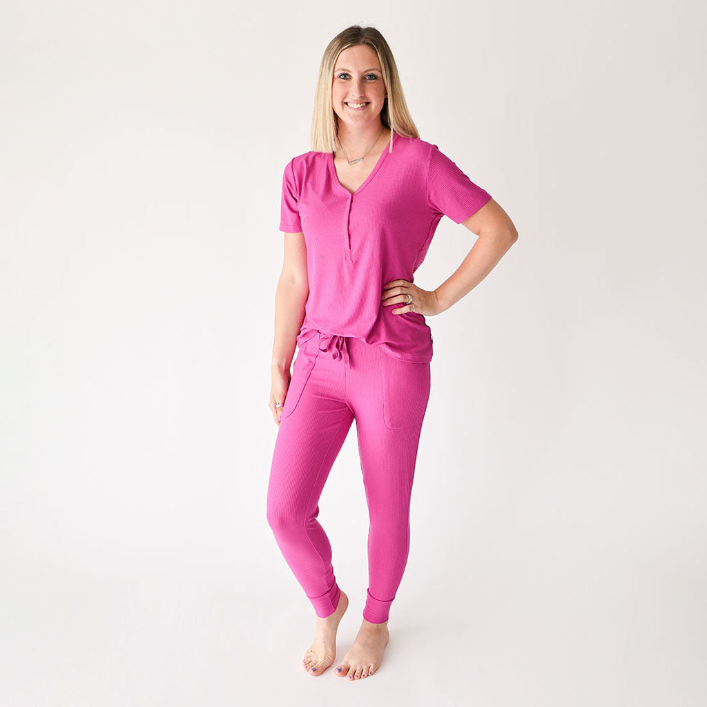 Posh Violet Ribbed Women's Short Sleeve Loungewear