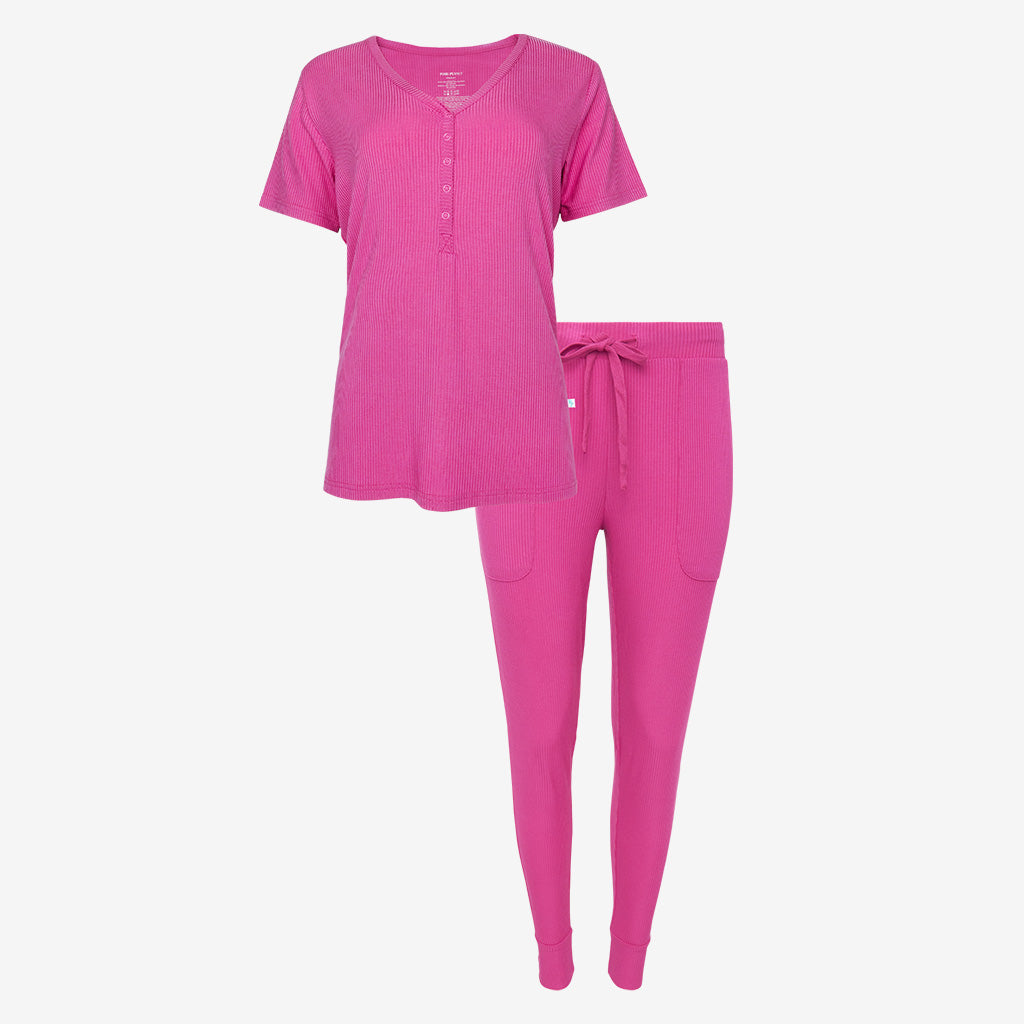 Posh Violet Ribbed Women's Short Sleeve Loungewear