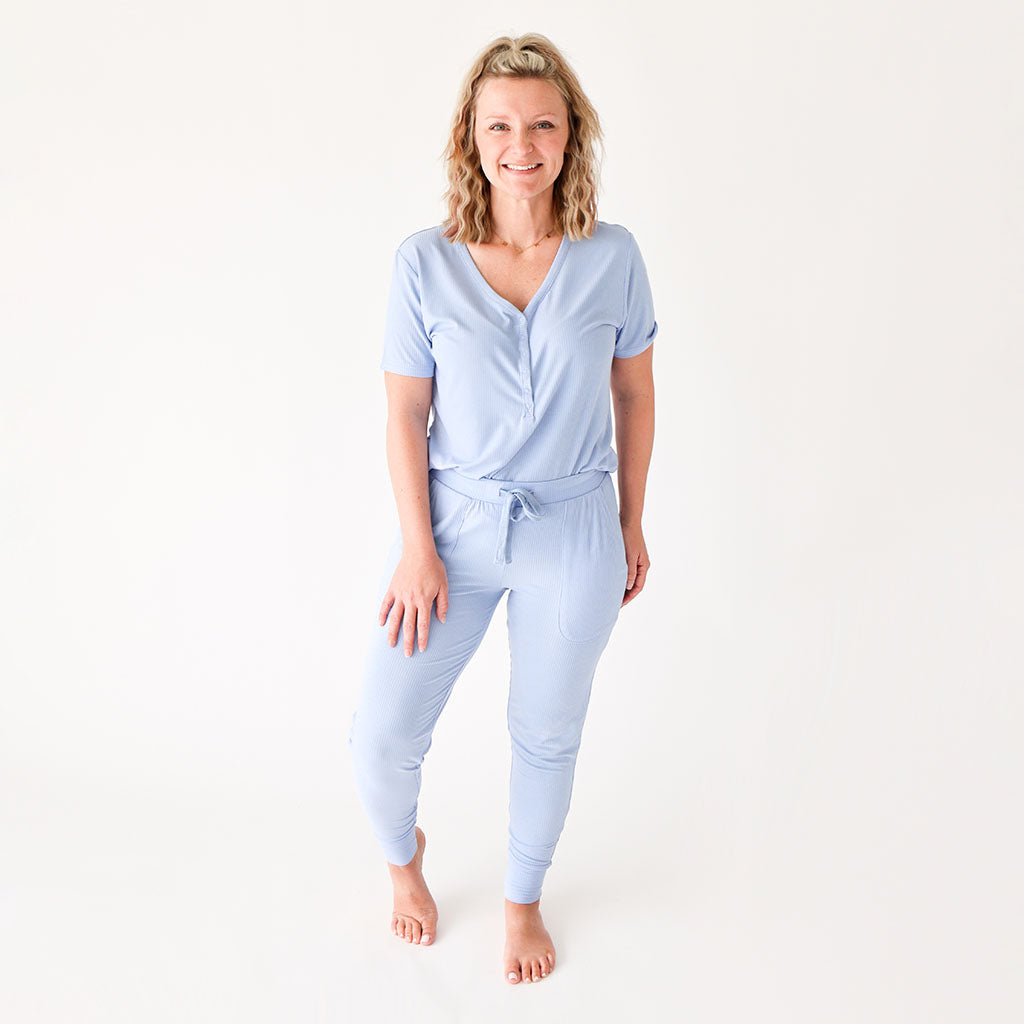 Powder Blue Ribbed Women's Short Sleeve Loungewear