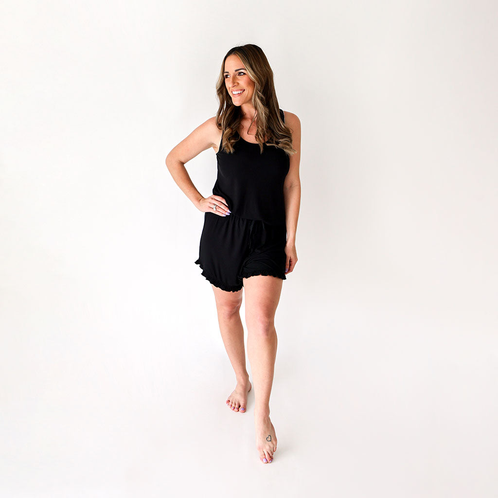 Black Ribbed Women's Tank Ruffled Short Set