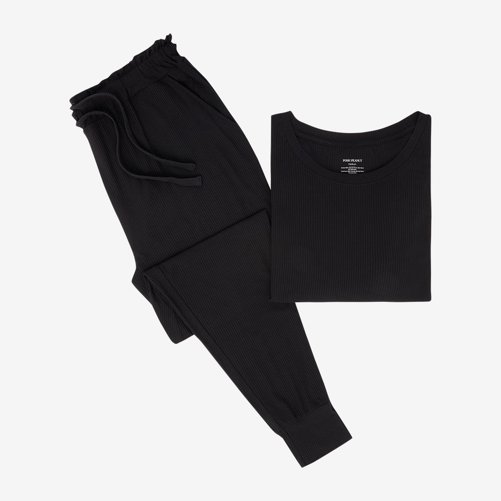 Black Ribbed Women's Long Sleeve Scoop Loungewear