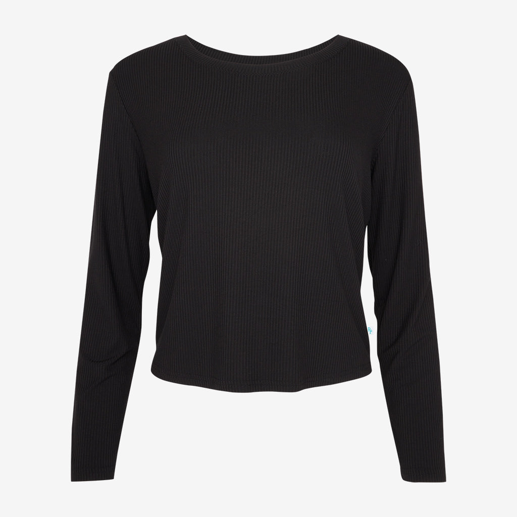 Black Ribbed Women's Long Sleeve Scoop Loungewear