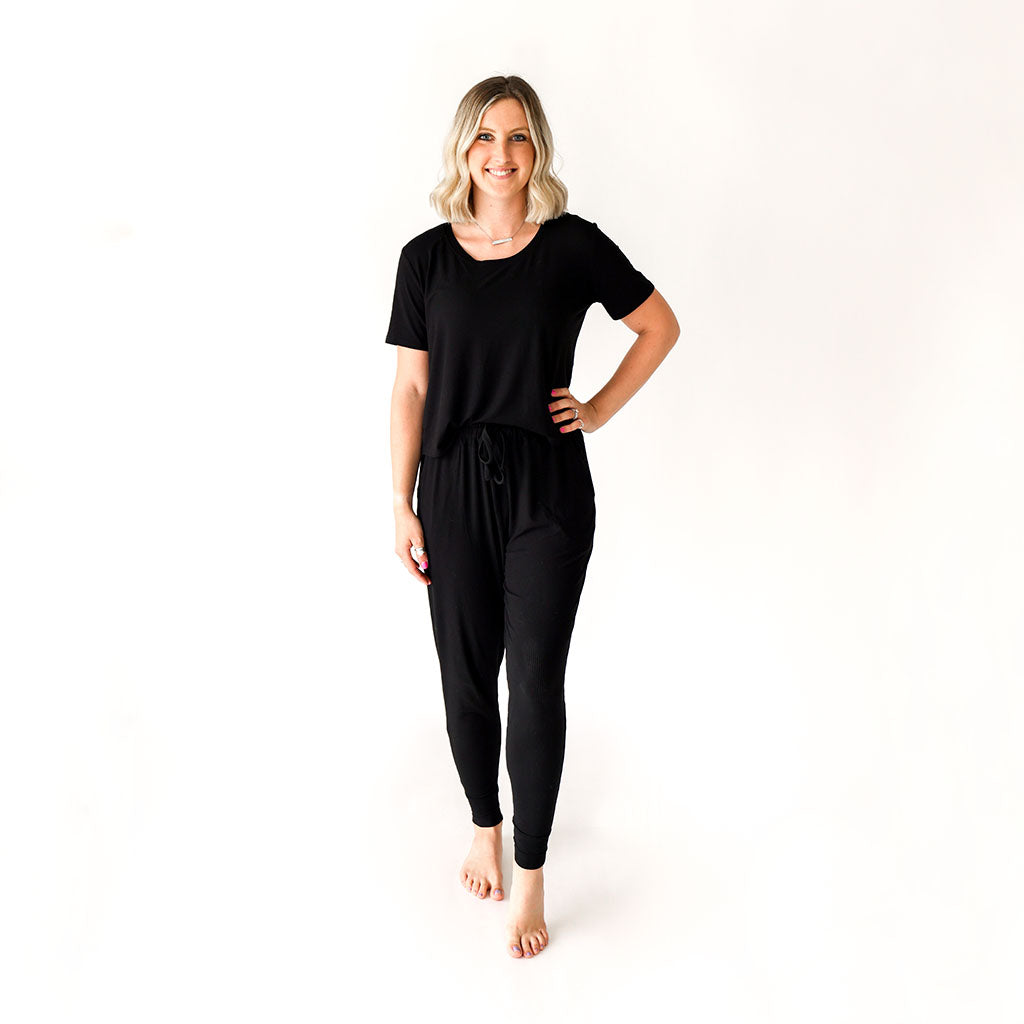 Black Ribbed Women's Short Sleeve Scoop Loungewear