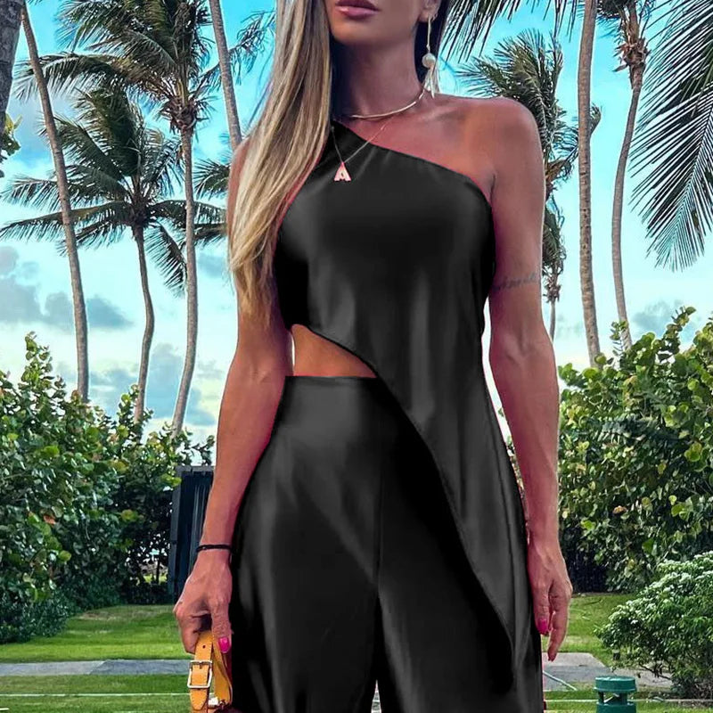 Women's Summer Loungewear Matching Set | Solid Wide Leg Pants & Skew Collar Sleeveless Top | Elegant Streetwear Outfit ShopOnlyDeal