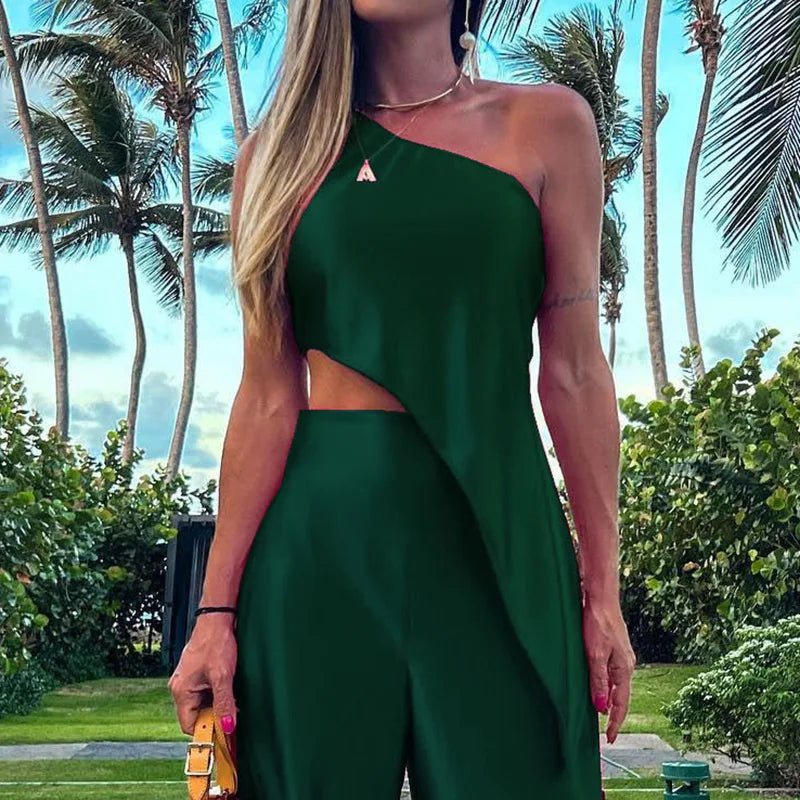 Women's Summer Loungewear Matching Set | Solid Wide Leg Pants & Skew Collar Sleeveless Top | Elegant Streetwear Outfit ShopOnlyDeal