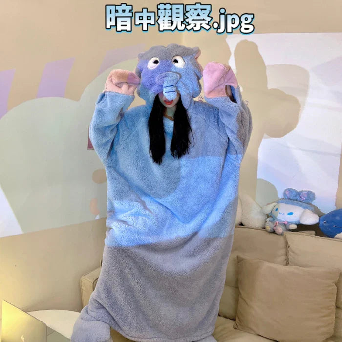 Kawaii Loungewear. Cartoon Winter Lovely Frog Women Pajamas Night Dress women's Funny Cartoon Soft Warm Loose Nightshirt Femme Household Clothes Hooded ShopOnlyDeal