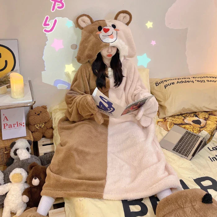 Kawaii Loungewear. Cartoon Winter Lovely Frog Women Pajamas Night Dress women's Funny Cartoon Soft Warm Loose Nightshirt Femme Household Clothes Hooded ShopOnlyDeal