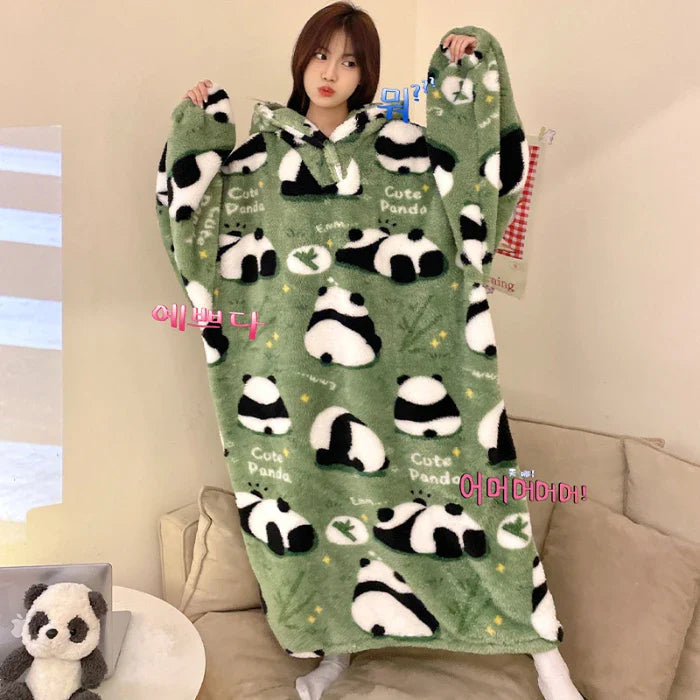 Kawaii Sleepwear Warm Winter Women's Robes Pajamas Cartoon Panda Print Coral Velvet Nightgown Thick Robe Ropa De Mujer Soft Warm Women Night Dress ShopOnlyDeal