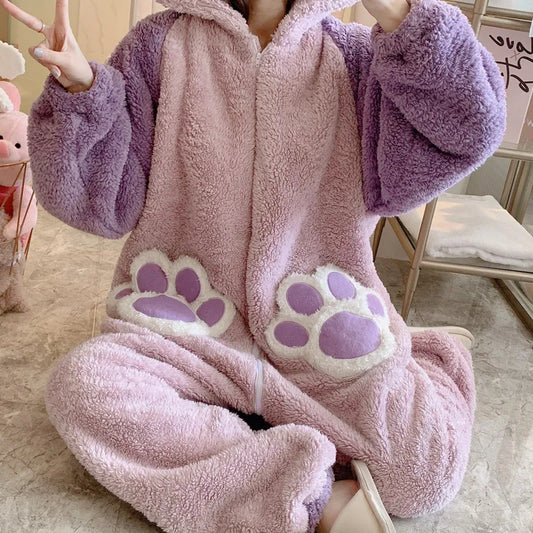 Cute Women Sleepwear Nonopnd Winter With Ears Paws Pajamas One-Piece Cartoon Plush Hooded Nightgown Loose Version Plus Size ShopOnlyDeal