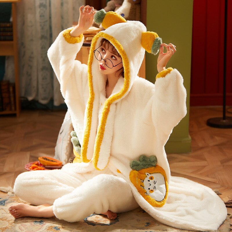 Korean Style Sleepwear Pajamas Plus Size XXL Intensification Japanese Nighty Plush Set Winter Pyjamas Loose Version Medium Style Hooded Pajamas женский 9006-2 ShopOnlyDeal