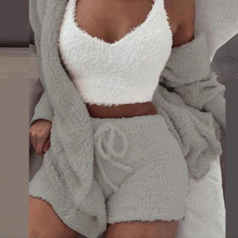 Women's Comfortable Knit Pajama Set Crop-top with V-neck Winter Plush Loungewear Casual 3-Piece Set Long Sleeve Shorts Sports ShopOnlyDeal