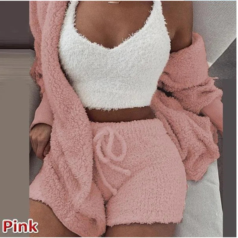 Women's Comfortable Knit Pajama Set Crop-top with V-neck Winter Plush Loungewear Casual 3-Piece Set Long Sleeve Shorts Sports ShopOnlyDeal