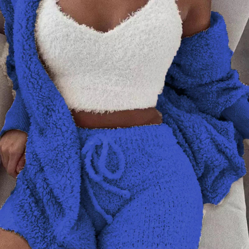 Women's Comfortable Knit Pajama Set Crop-top with V-neck Winter Plush Loungewear Casual 3-Piece Set Long Sleeve Shorts Sports ShopOnlyDeal