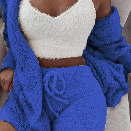 Women's Comfortable Knit Pajama Set Crop-top with V-neck Winter Plush Loungewear Casual 3-Piece Set Long Sleeve Shorts Sports ShopOnlyDeal