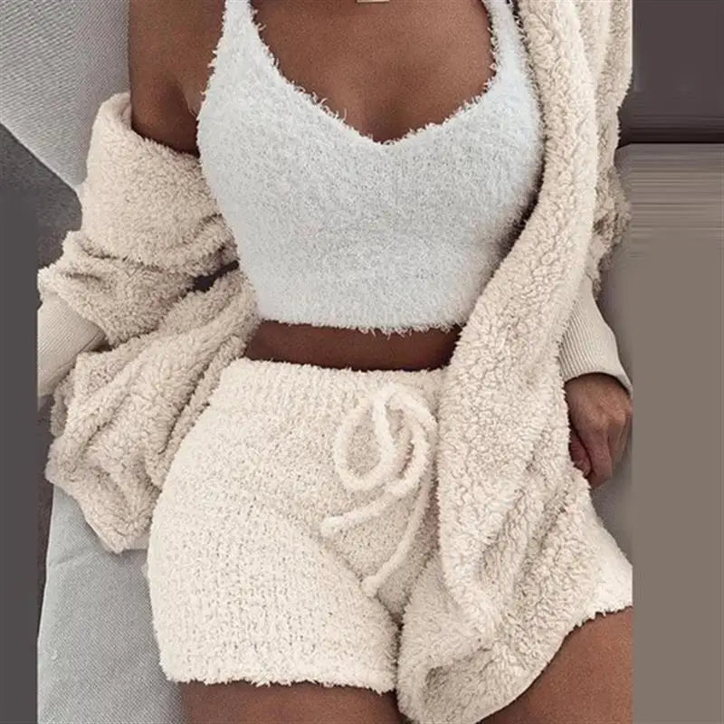 Women's Comfortable Knit Pajama Set Crop-top with V-neck Winter Plush Loungewear Casual 3-Piece Set Long Sleeve Shorts Sports ShopOnlyDeal