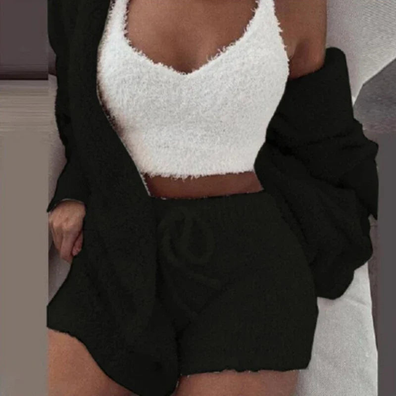 Women's Comfortable Knit Pajama Set Crop-top with V-neck Winter Plush Loungewear Casual 3-Piece Set Long Sleeve Shorts Sports ShopOnlyDeal