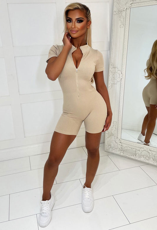 Zip It Beige Sculpting Athleisure Unitard Playsuit