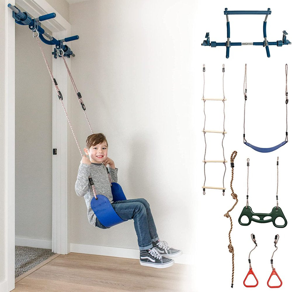 Gym1 - Deluxe Indoor Doorway Gym for Kids Playground Set - All in One Gym Set - Four Ways of Fun: Blue Indoor Swing, Plastic Rings, Climbing Ladder, and Pull up Bar