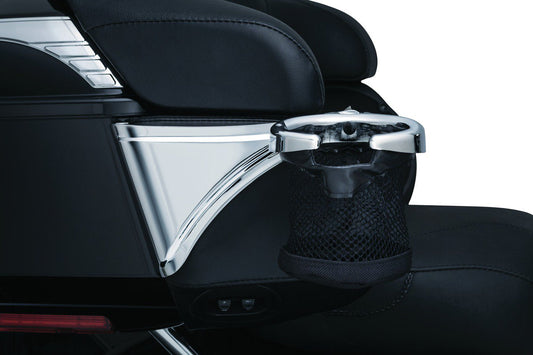 Kuryakyn 1692 Motorcycle Accessory: Passenger Drink/Cup Holder with Mesh Basket for 2014-19 Harley-Davidson Touring & Trike Motorcycles, Right Side, Chrome