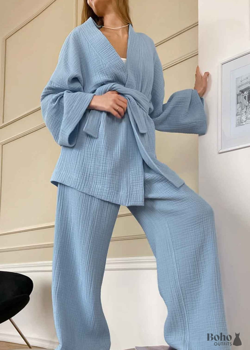 Boho Sleepwear Pajamas Set Emily Cotton in Blue and Navy - S