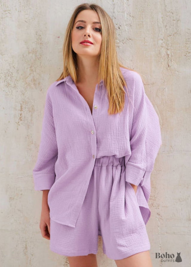 Boho Sleepwear Pajamas Set Lucy Cotton in Pink and Purple -