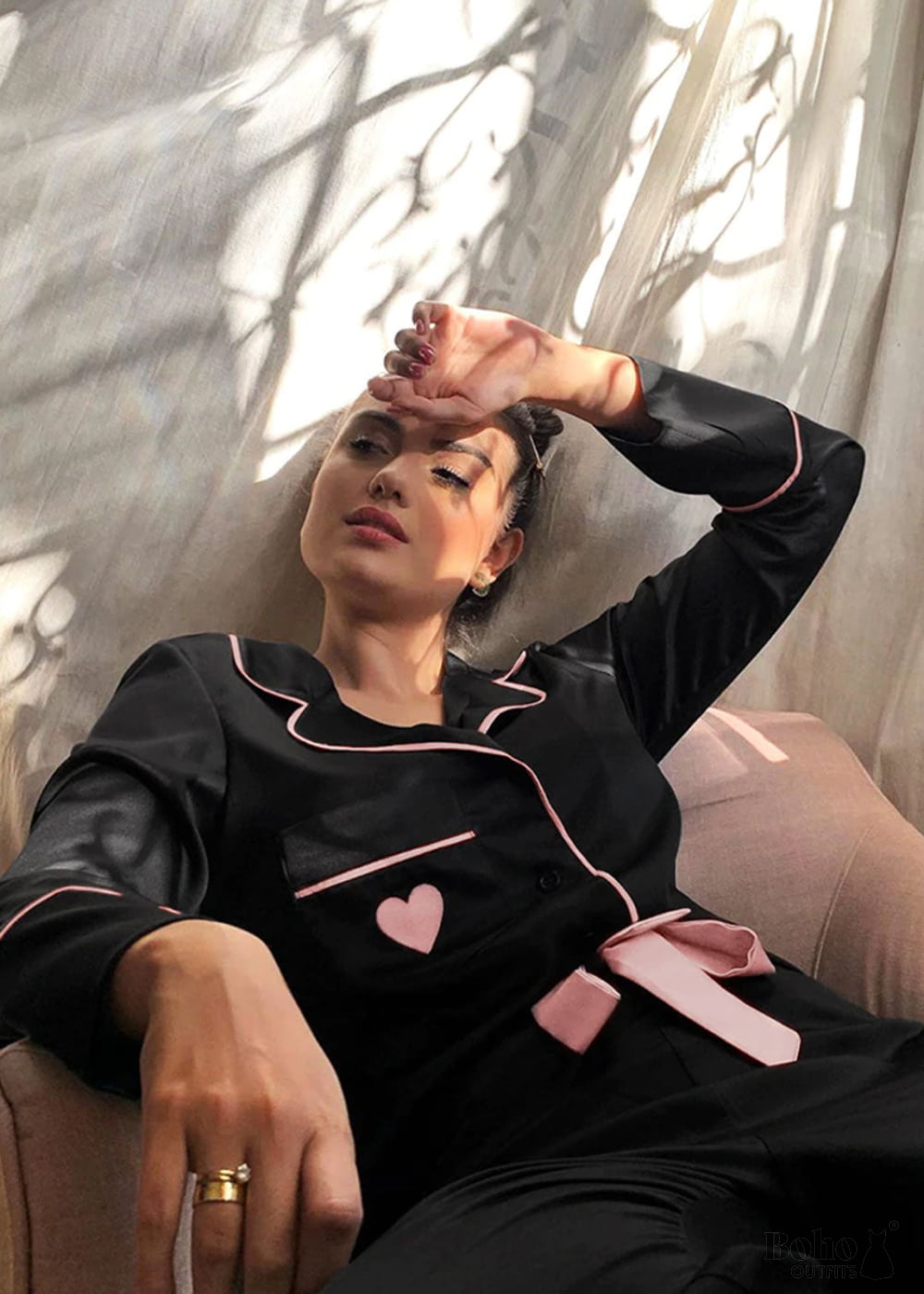 Boho Sleepwear Pajamas Set PJ Satin Black Heart - Pink / M