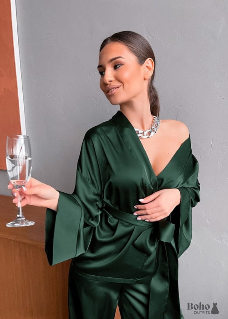 Boho Sleepwear Pajamas Set PJ Satin Clementine in Black Navy