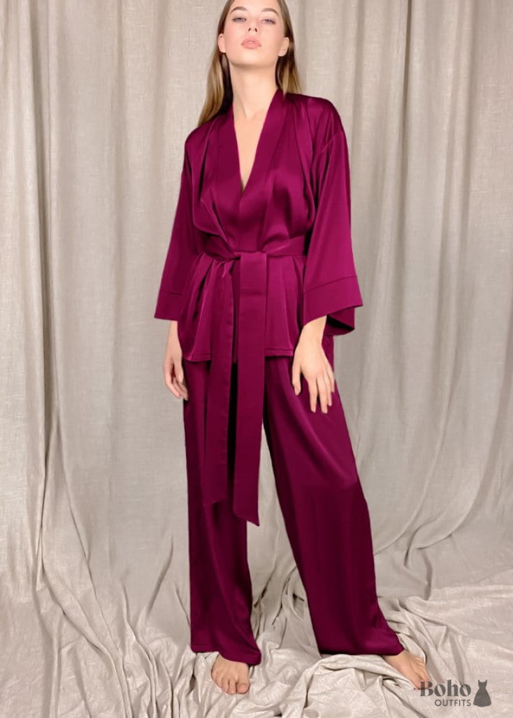 Boho Sleepwear Pajamas Set PJ Satin Clementine in Black Navy