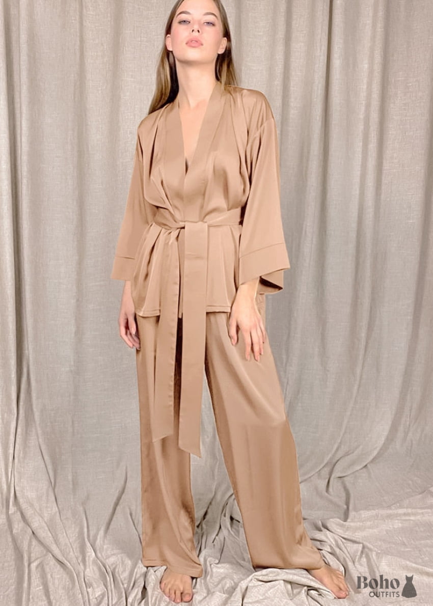 Boho Sleepwear Pajamas Set PJ Satin Clementine in Pink