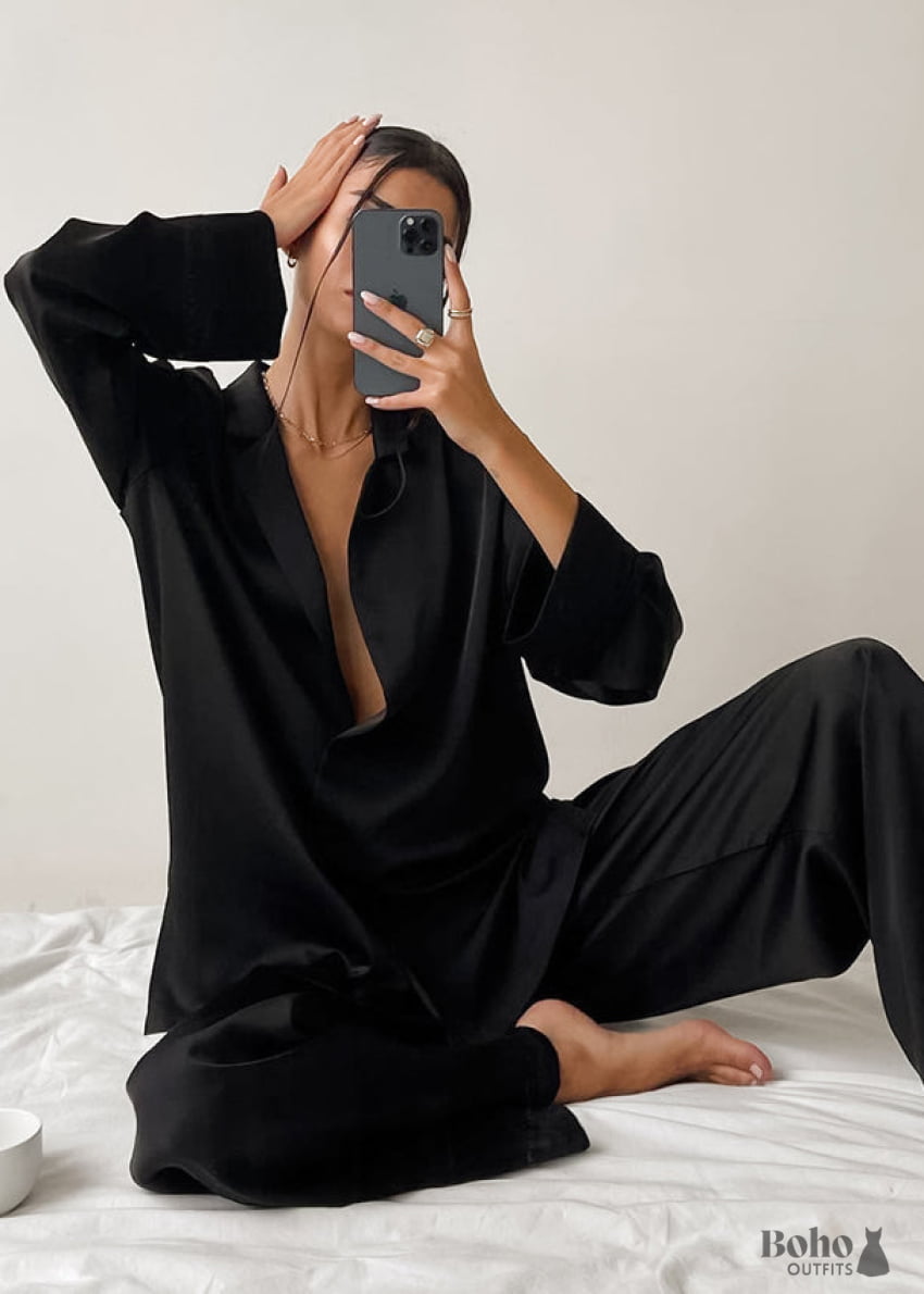 Boho Sleepwear Pajamas Set PJ Satin Corinne in Black Blue
