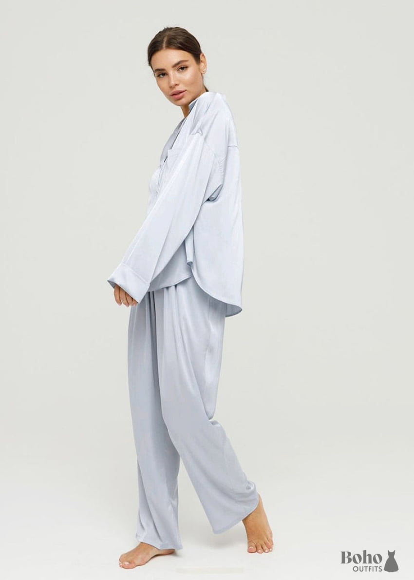 Boho Sleepwear Pajamas Set PJ Satin Corinne in Blue Silver