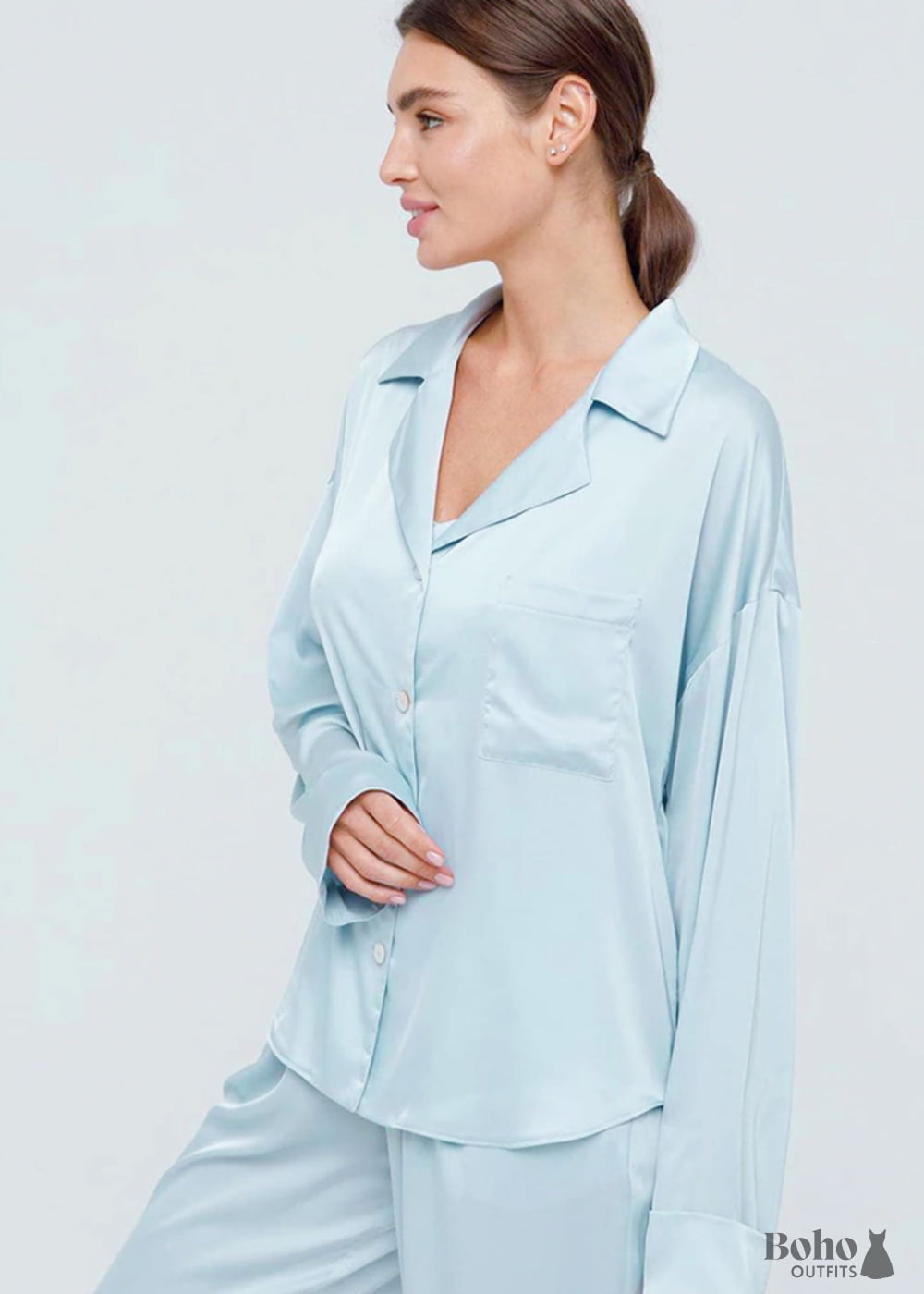 Boho Sleepwear Pajamas Set PJ Satin Corinne in Blue Silver