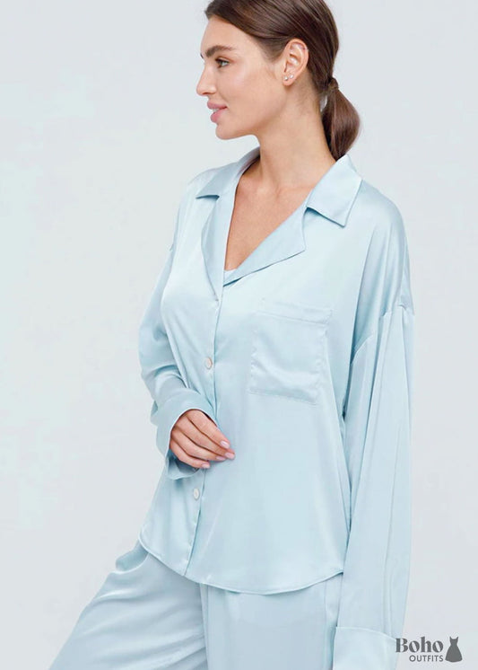 Boho Sleepwear Pajamas Set PJ Satin Corinne in Blue Silver