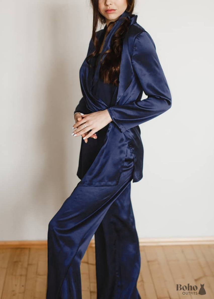 Boho Sleepwear Pajamas Set PJ Satin Francine in Navy Brown