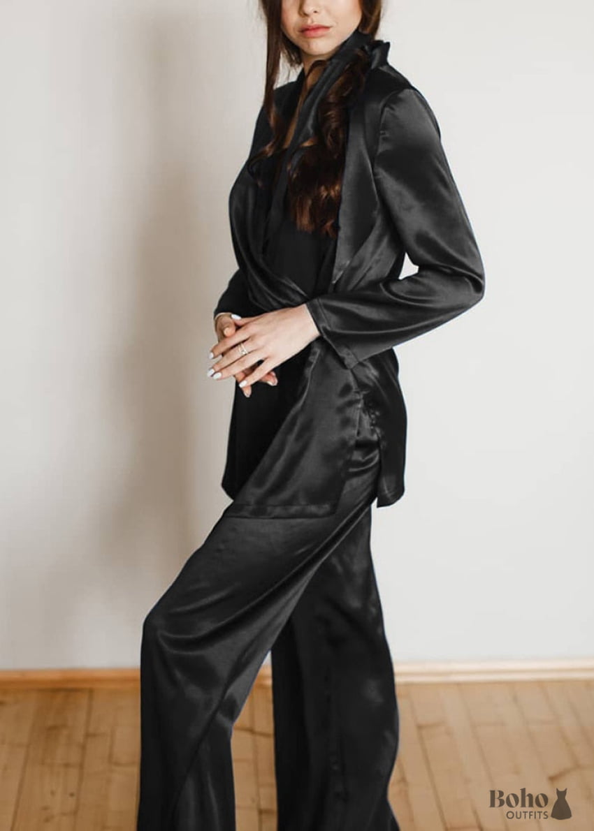 Boho Sleepwear Pajamas Set PJ Satin Francine in Navy Brown