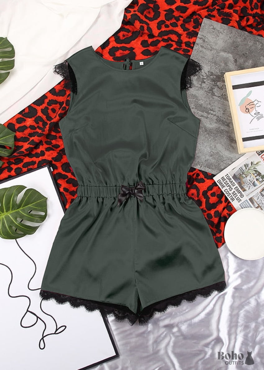 Boho Sleepwear Pajamas Set PJ Satin Jeanne Black and Pink -