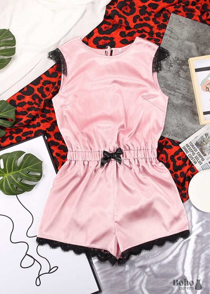 Boho Sleepwear Pajamas Set PJ Satin Jeanne Black and Pink -