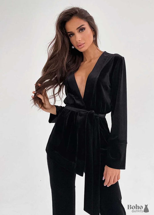 Boho Sleepwear, Pajamas Set, PJ Velvet Pauline in Black, Blue and Green