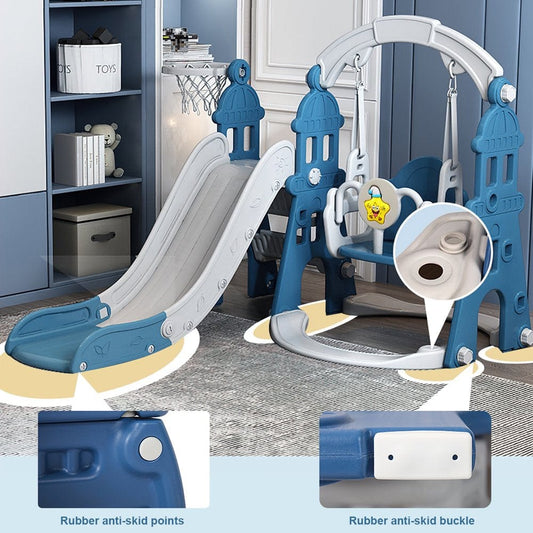 Children'S Slide for Indoor and Outdoor, Indoor and Outdoor Toddler Swing Set, Children Climbing Slide Playset Outdoor Toys, with Basketball Hoop，Blue