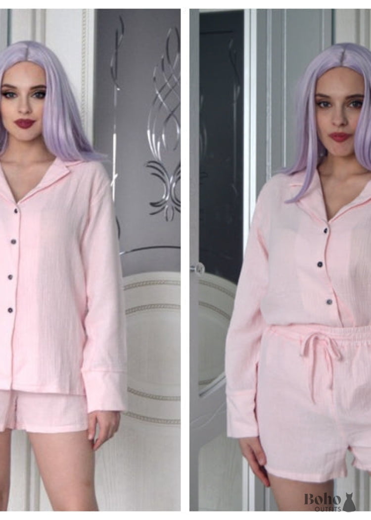 Hiloc Cotton Sleepwear Women Pajama Turn Down Collar Suits