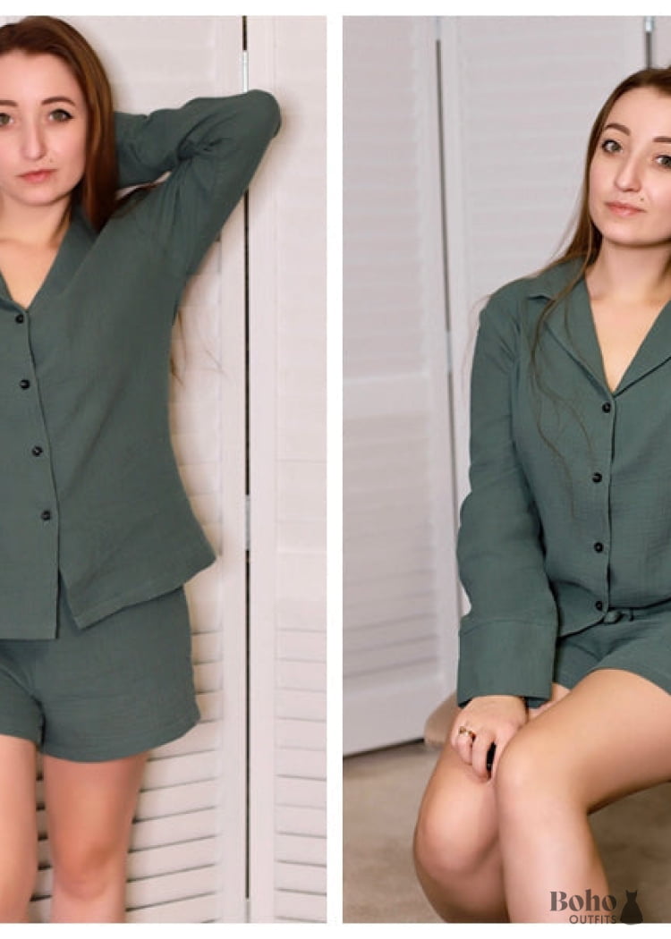 Hiloc Cotton Sleepwear Women Pajama Turn Down Collar Suits