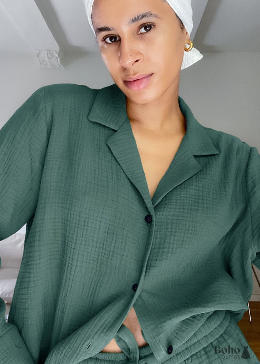 Hiloc Cotton Sleepwear Women Pajama Turn Down Collar Suits