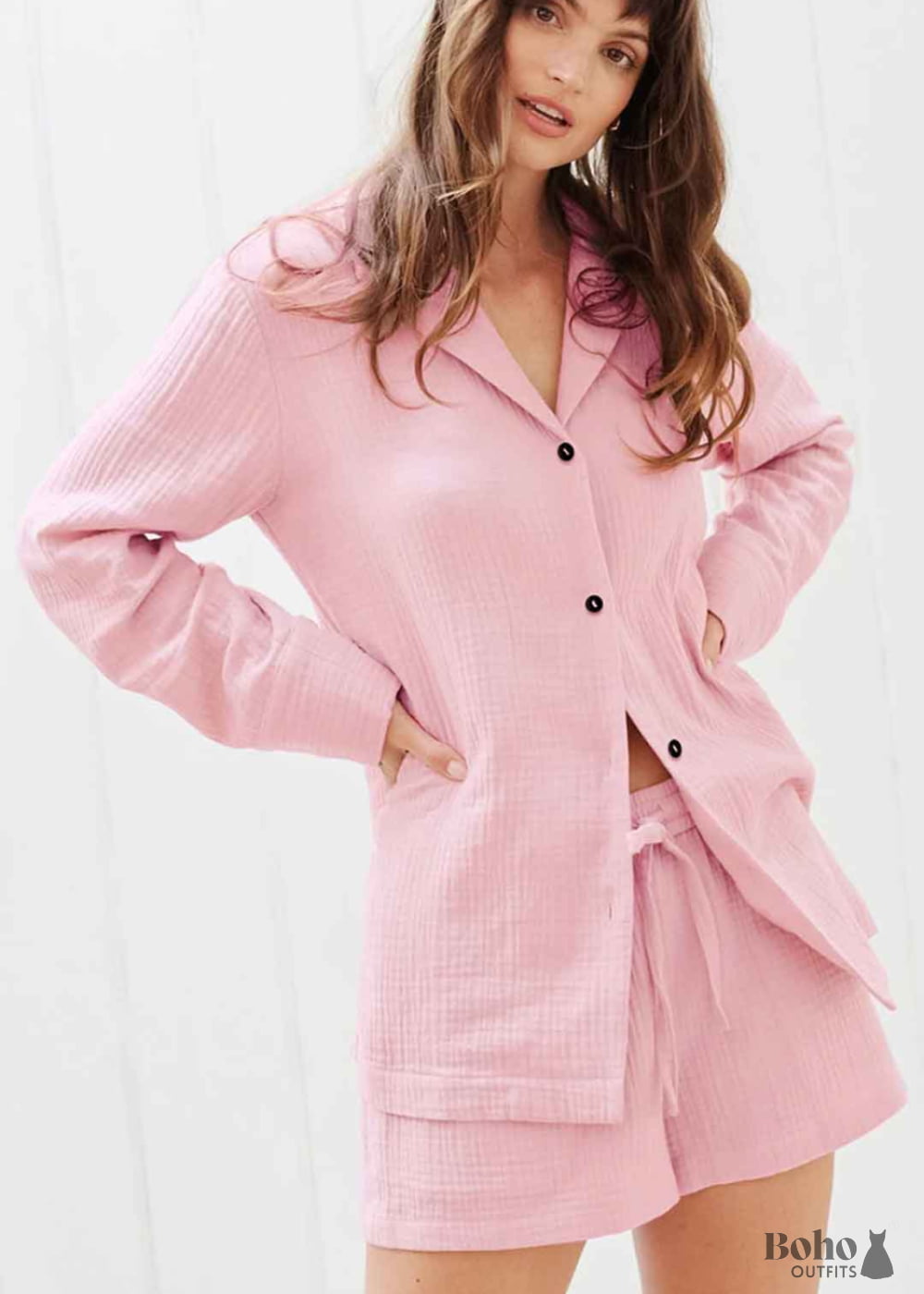 Hiloc Cotton Sleepwear Women Pajama Turn Down Collar Suits